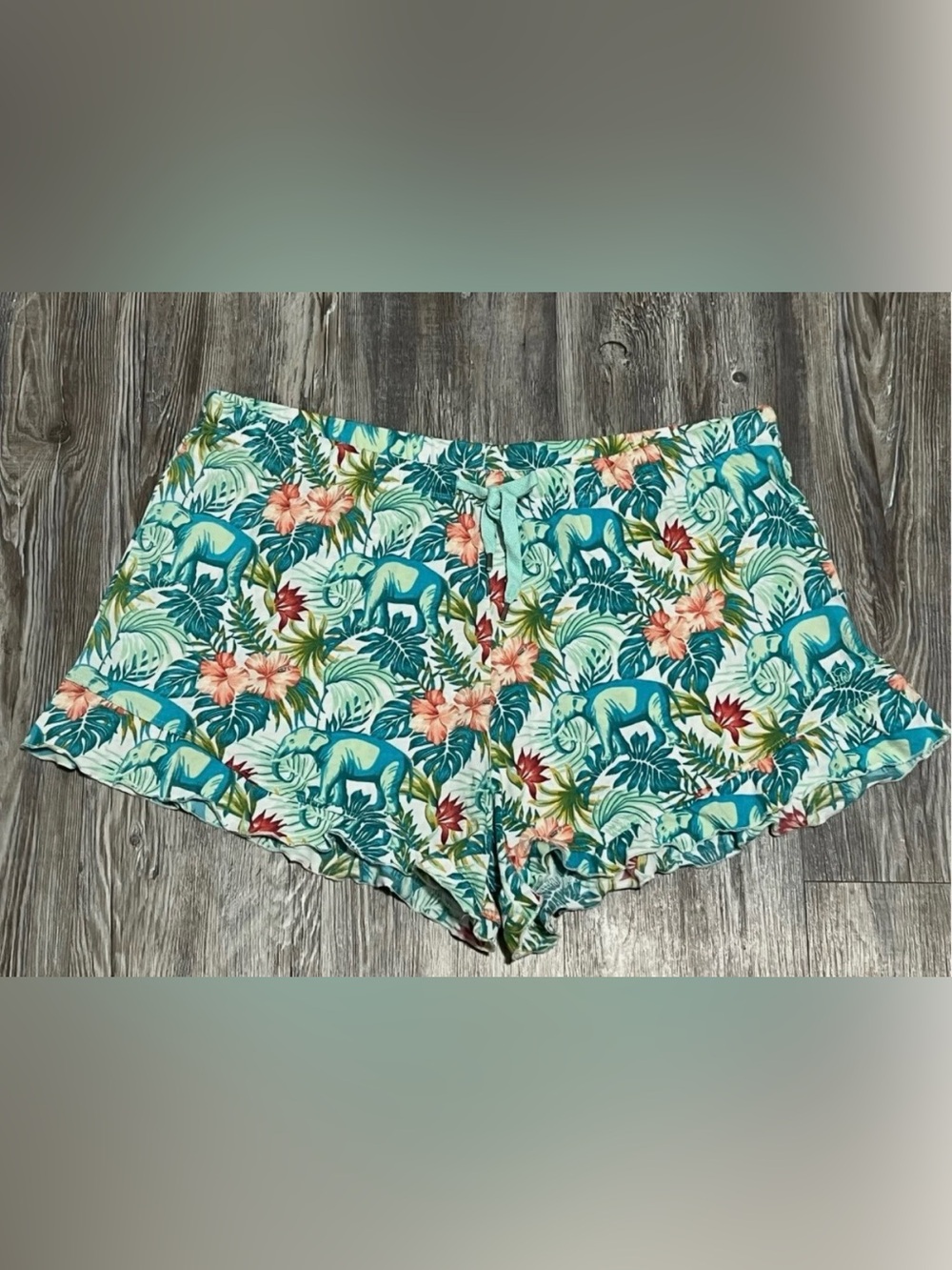 XL Womens IVORY ELLA Blue Tropical ELEPHANT Lounge Ruffle Shorts PJs Pajamas